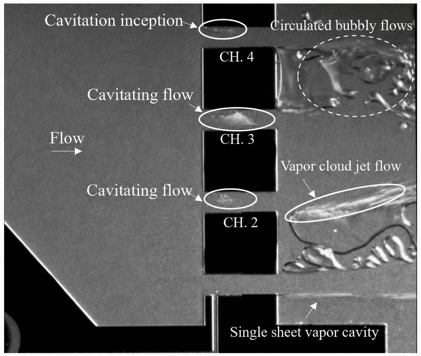 Annotated high-speed frame spanning channels 2 through 4, marking cavitation inception, cavitating flow, circulated bubbly flow, vapor cloud jet flow, and a single sheet vapor cavity.