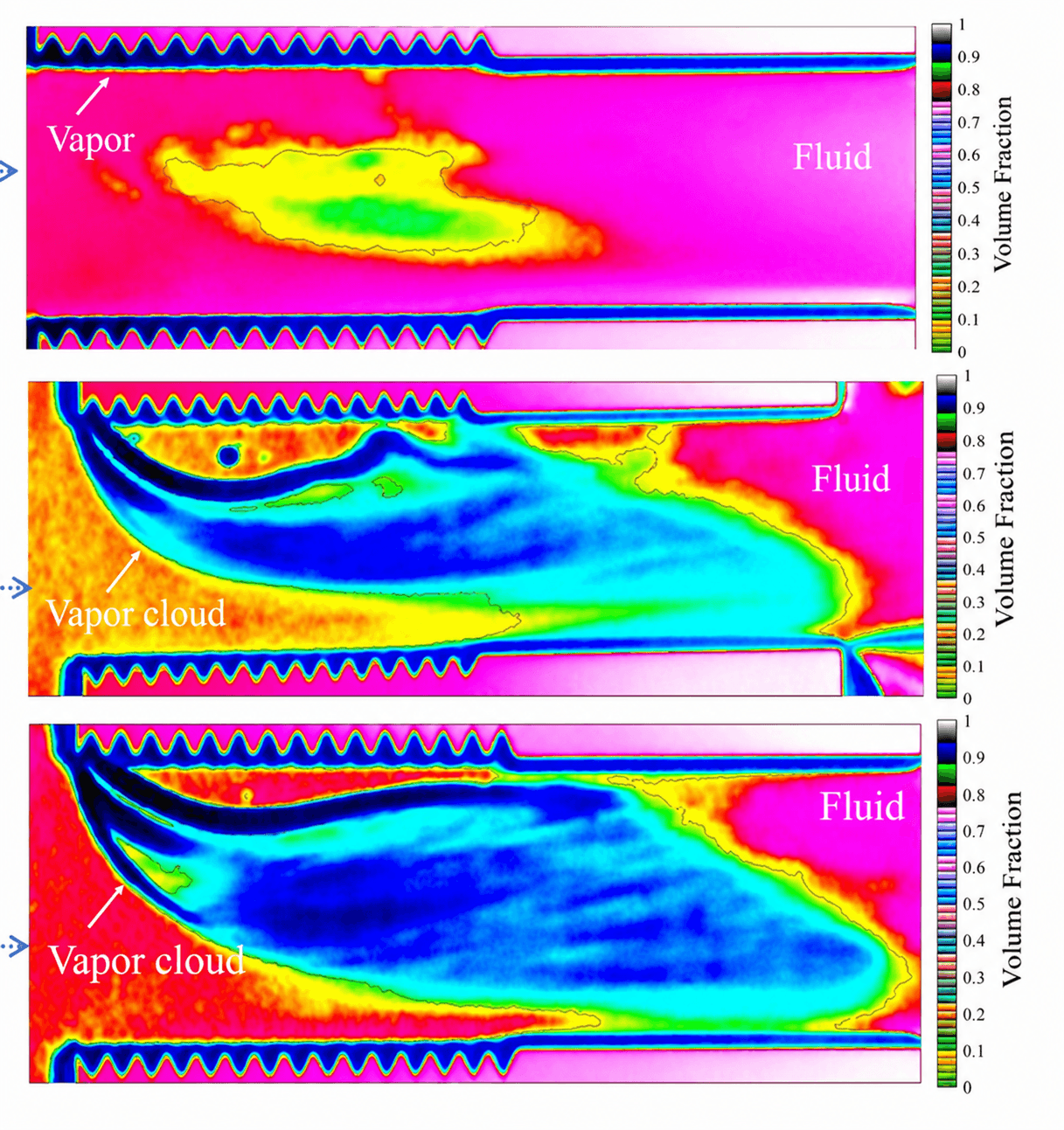 Three frame-by-frame void-fraction maps, color-coded by volume fraction, showing vapor and vapor-cloud regions against the surrounding fluid.