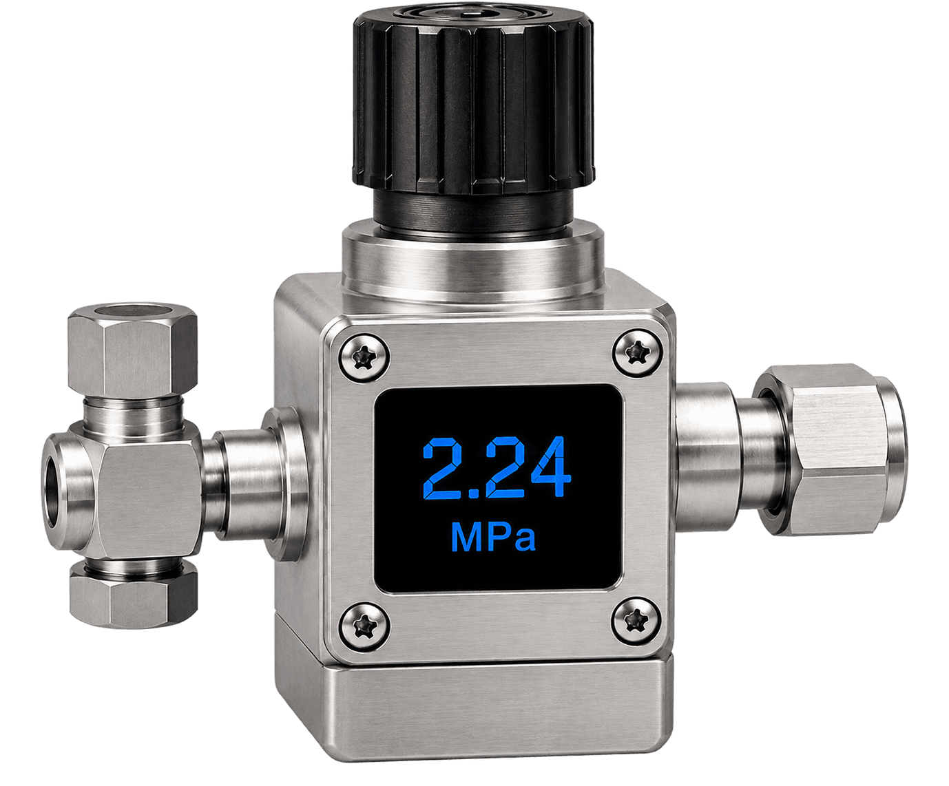 Digital flow regulator displaying an inlet pressure of 2.24 MPa.
