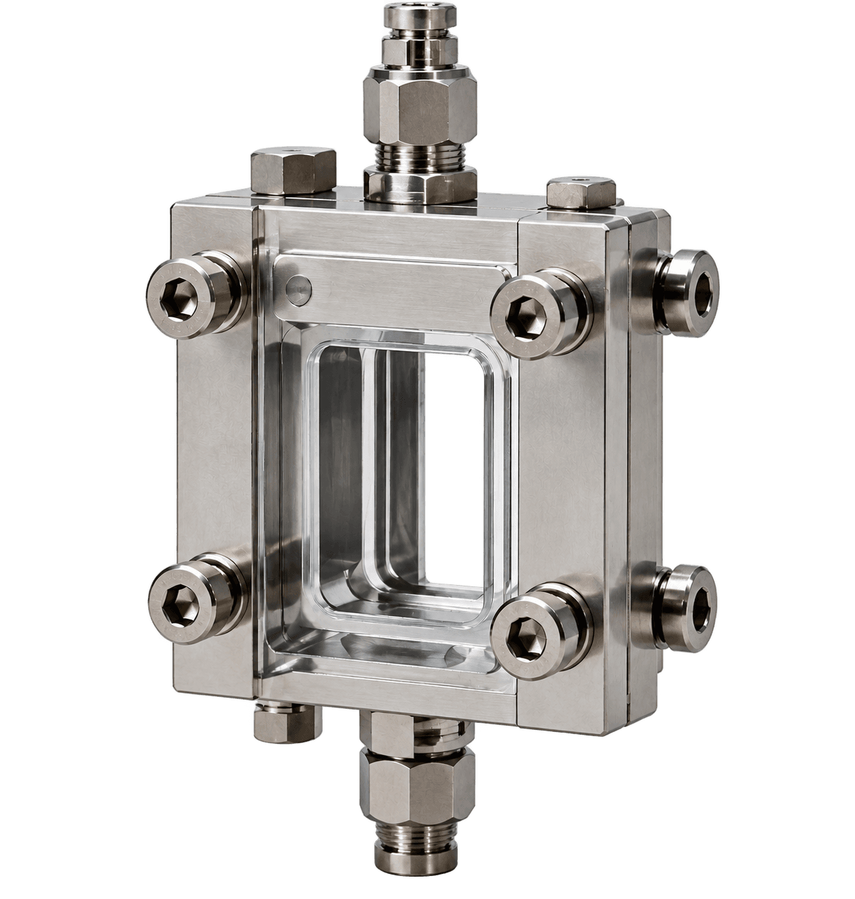 Packaged silicon–glass reactor chip with a visible channel window and threaded fluidic ports.
