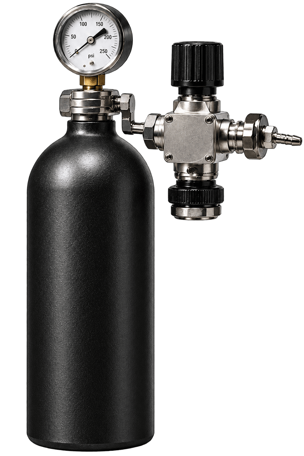 Pressurized gas cylinder with a mechanical gauge and regulating valve.