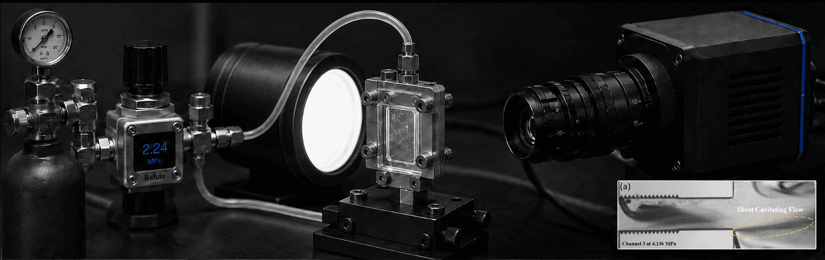 Photograph of the experimental rig: a pressurized gas cylinder and flow regulator feed the packaged silicon–glass reactor, illuminated from behind and imaged through a high-speed camera; inset shows a captured high-speed frame of cavitating flow inside one channel.