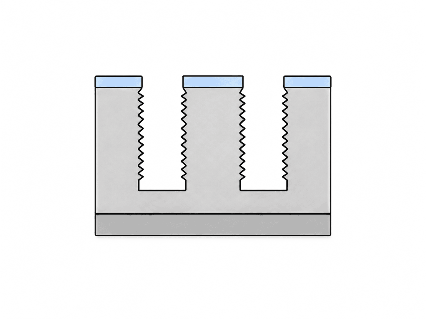 Cross-section of silicon with three deep trenches etched through the oxide mask, each sidewall patterned with triangular roughness features.