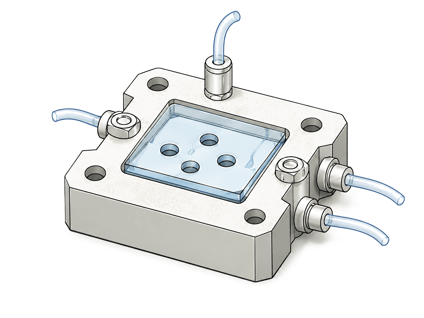 Finished chip mounted in a five-port fluidic holder with tubing connected at each port.
