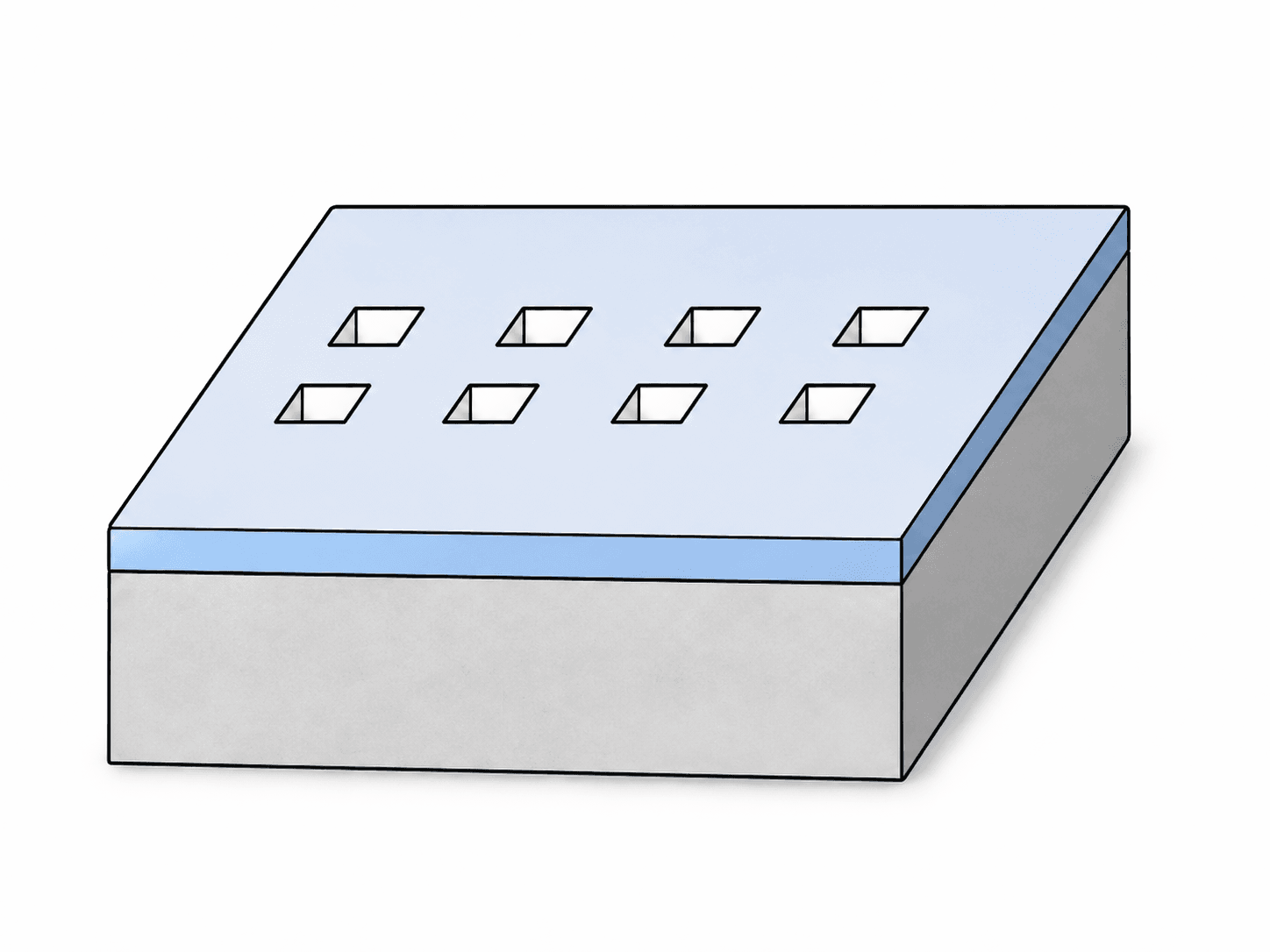 Silicon block with a patterned oxide layer on top, showing eight rectangular mask openings arranged in two rows.