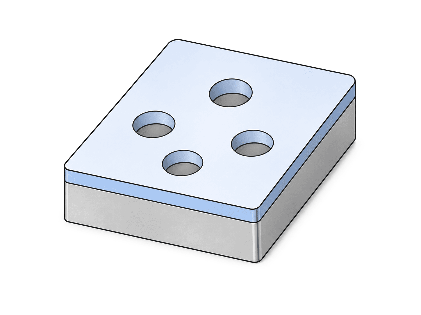 Silicon block with four circular ports drilled through, viewed from above at an angle.