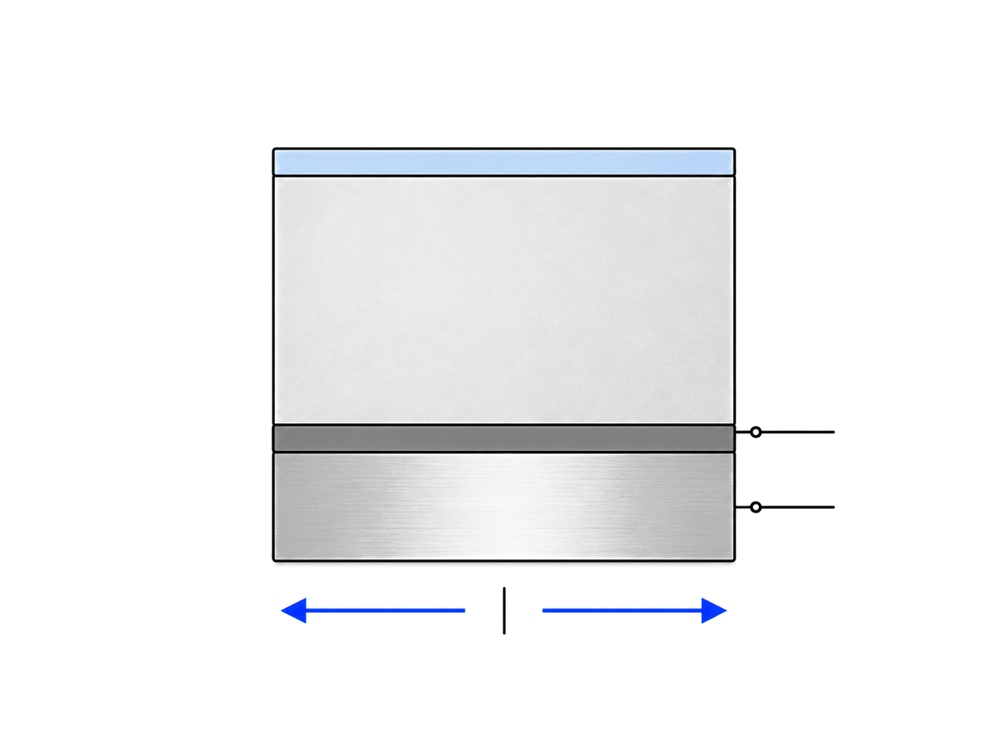 Cross-section of the silicon stack showing a thin titanium layer and a thicker aluminum layer applied to the backside.