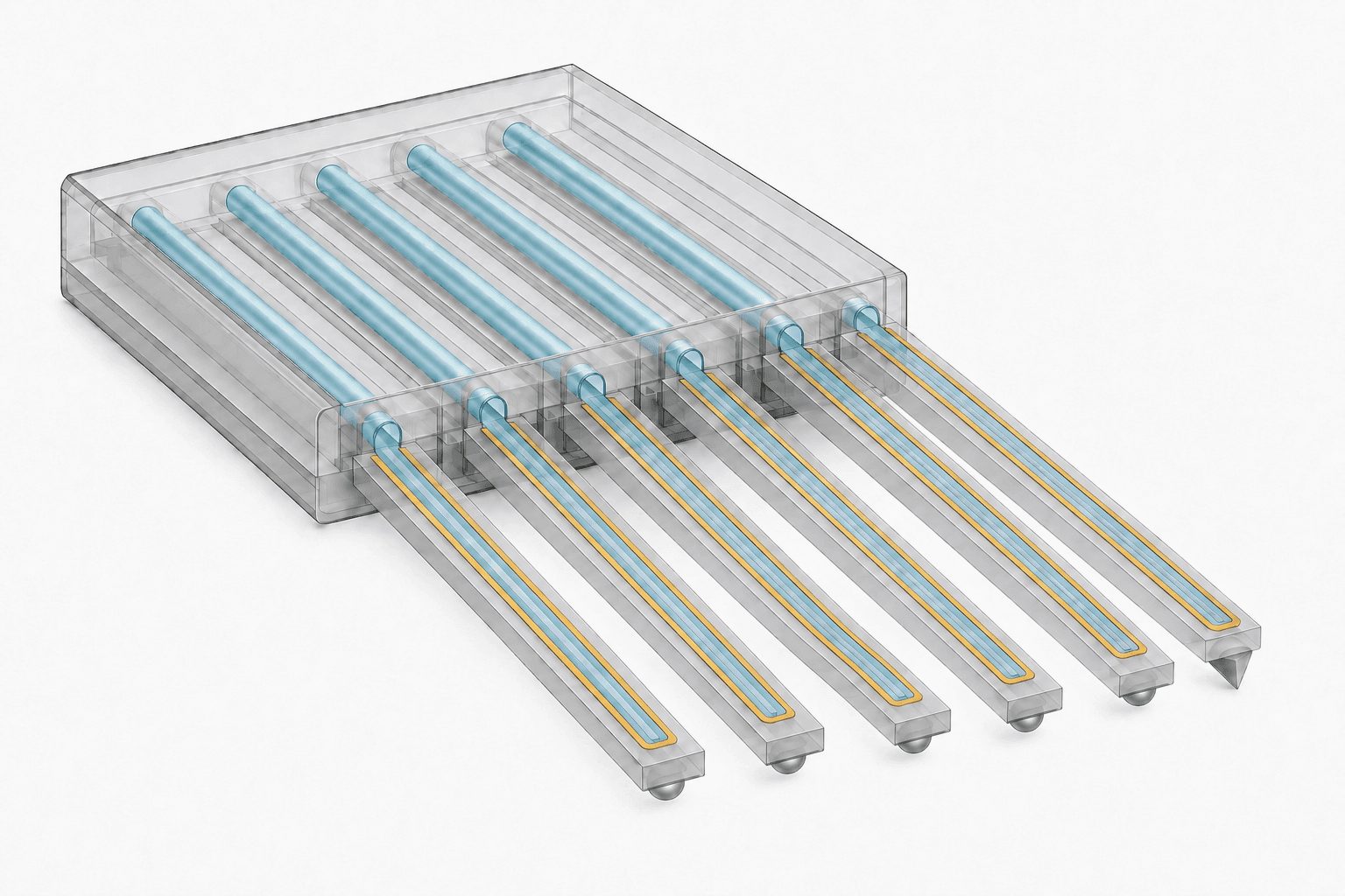 Illustration of the integrated multi-probe array, showing colloidal microsphere tips and integrated optical fibers within the SU-8 structure